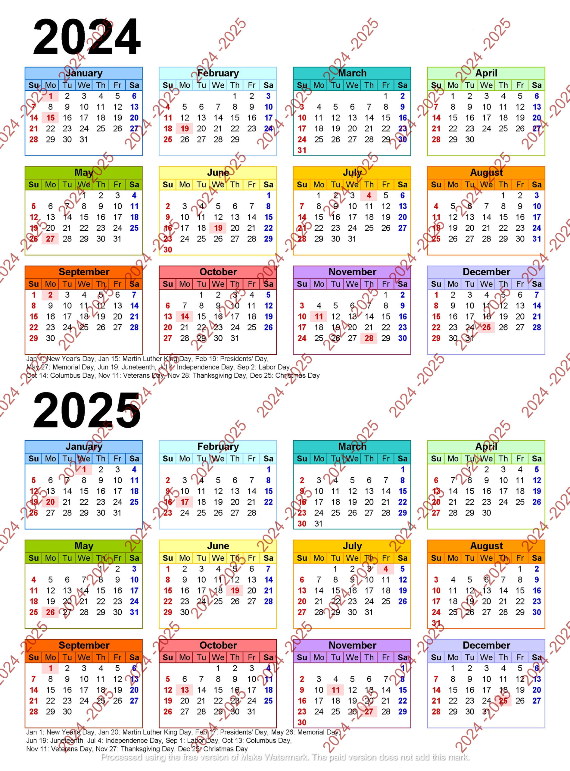 2024-2025 Colorful Calendar Printable, Yearly Calendar, 12-Months intended for 2025 Colorful Calendar Printable