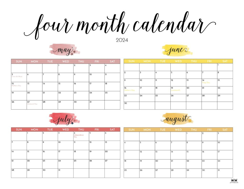 2024 Four Month Calendars - 18 Free Printables | Printabulls inside 4 Month Calendar Printable Free