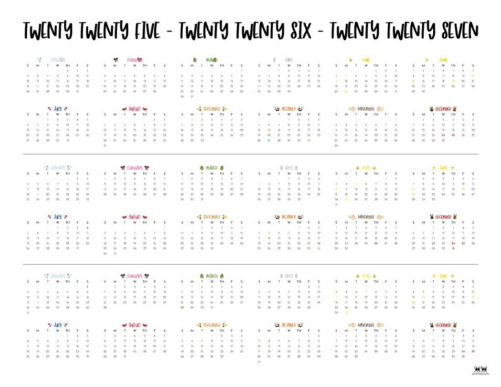 3 Year Calendar 2025 to 2027 Printable