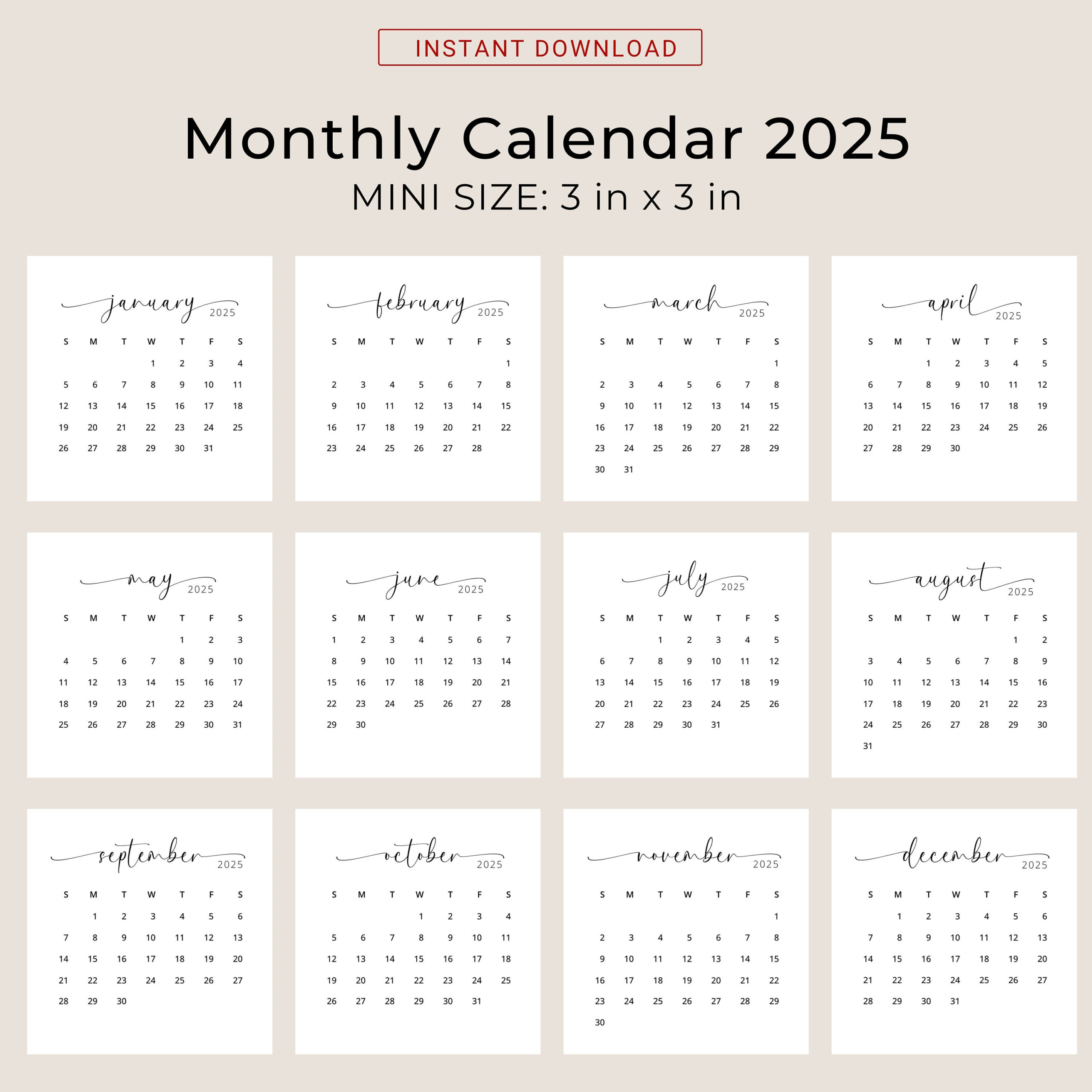 2025 3X3 Mini Calendar 2025 Calendar Card 2025 Pocket Calendar Elegant Printable Calendar Mini 3X3 Inch Calendar Pdf Sunday &amp;amp; Monday Start within Pocket Calendar 2025 Printable