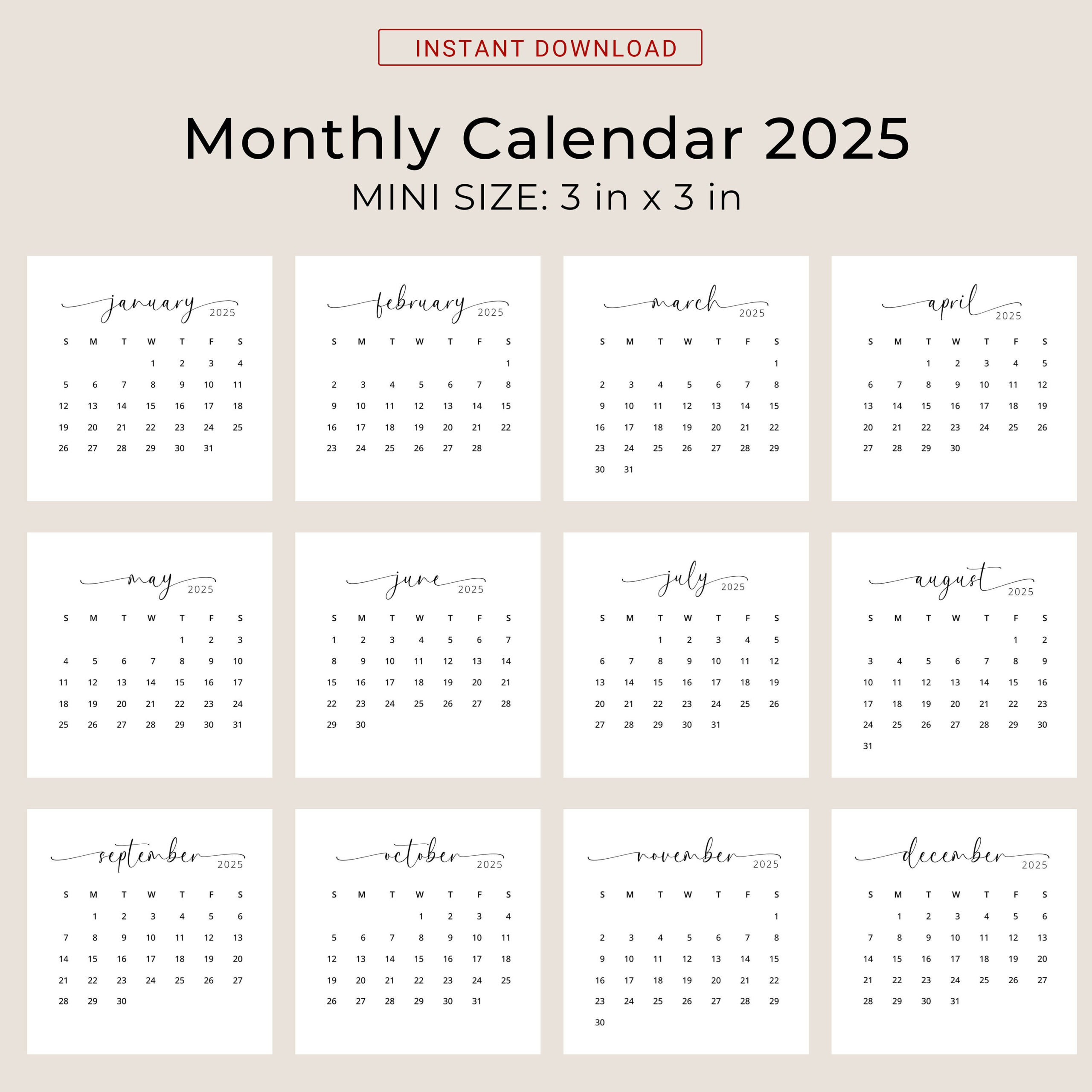 2025 3X3 Minikalender 2025 Kalenderkarte 2025 Taschenkalender pertaining to Mini 2025 Calendar Printable