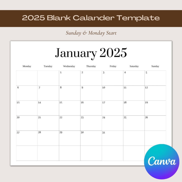 Blank Monthly Calendar 2025 Template Printable