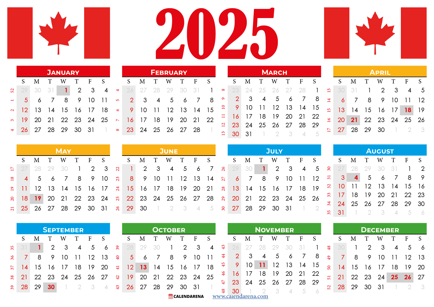 2025 Calendar Canada Printable Free throughout 2025 Calendar Canada with Holidays Printable Free