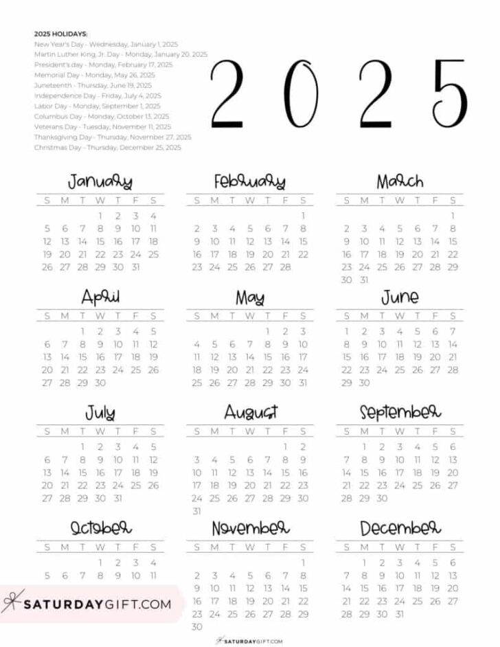 2025 Year Calendar Printable with Holidays