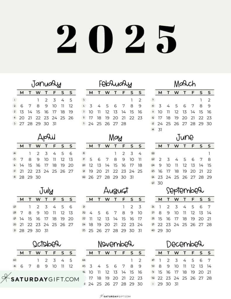 2025 Calendar Printable - 18 Cute &amp;amp; Free 2025 Yearly Calendar throughout Free Printable Monday First 2 Week Calendar 2025 Template