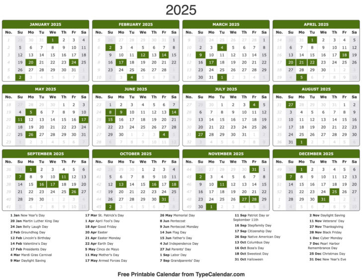 Printable Calendar 2025 with Holidays