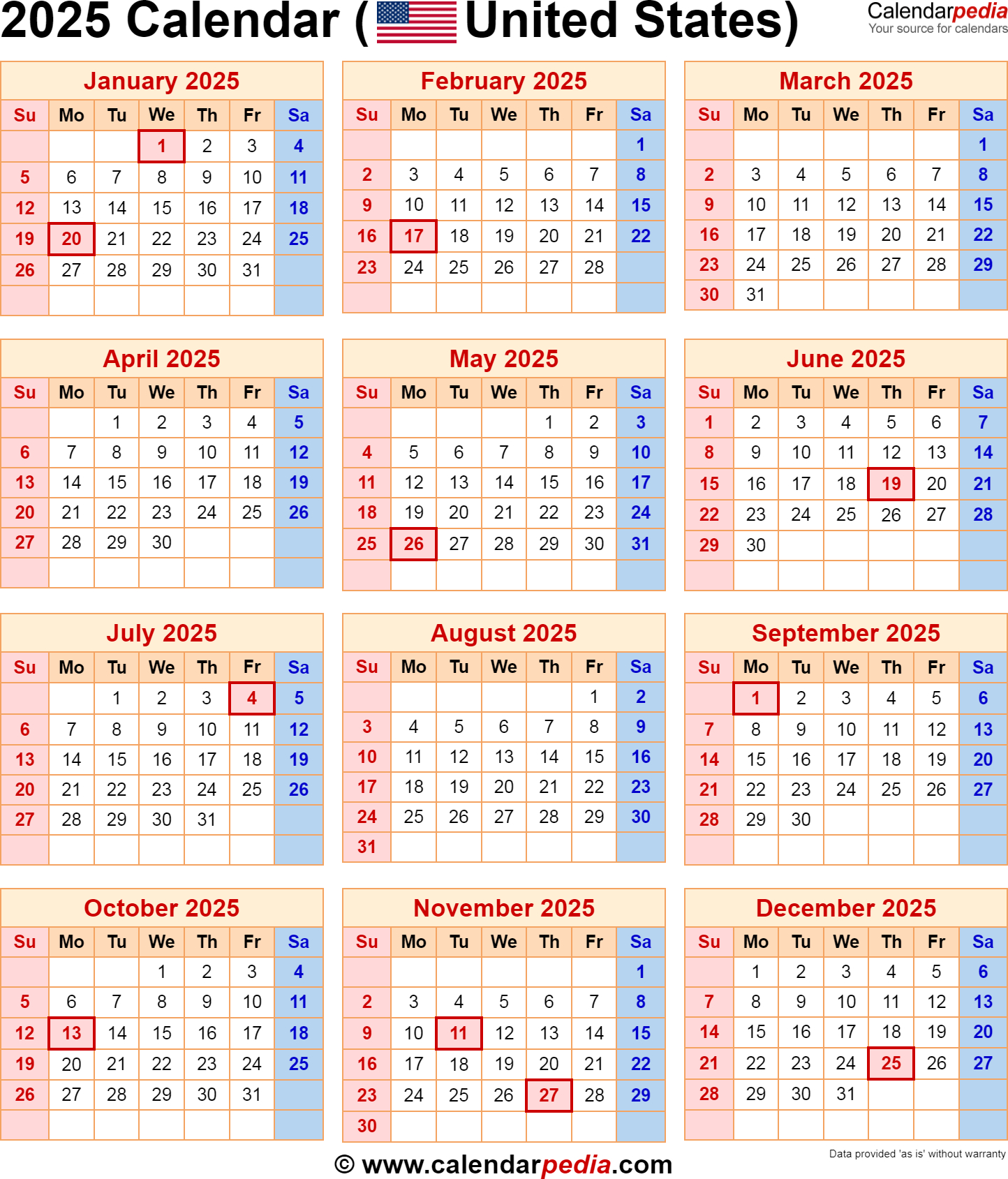 2025 Calendar With Federal Holidays for 2025 Federal Holidays Calendar Printable