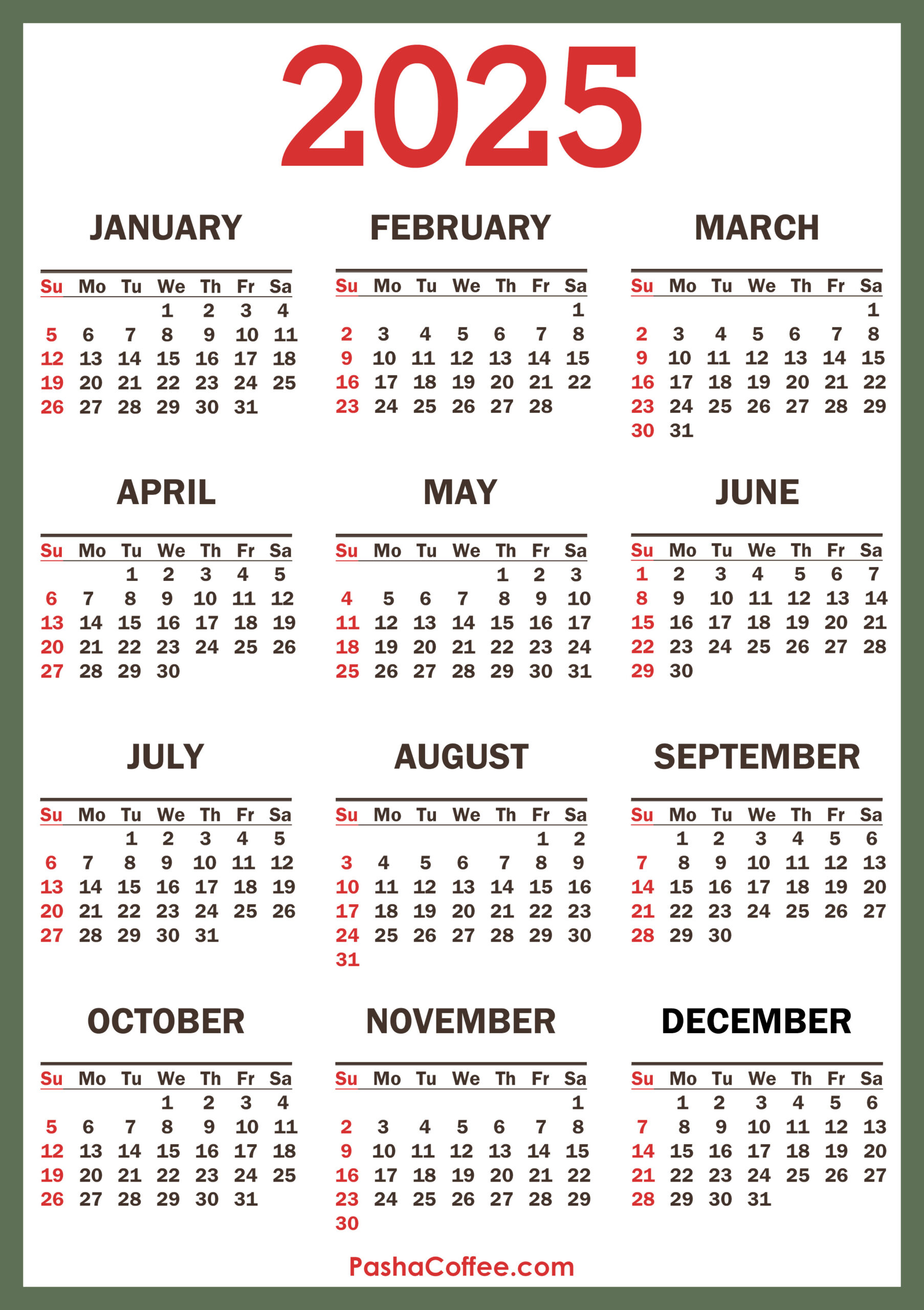 2025 Calendar With Holidays, Printable Free, Vertical, Green inside 2025 Calendar Printable with Holidays Free Download