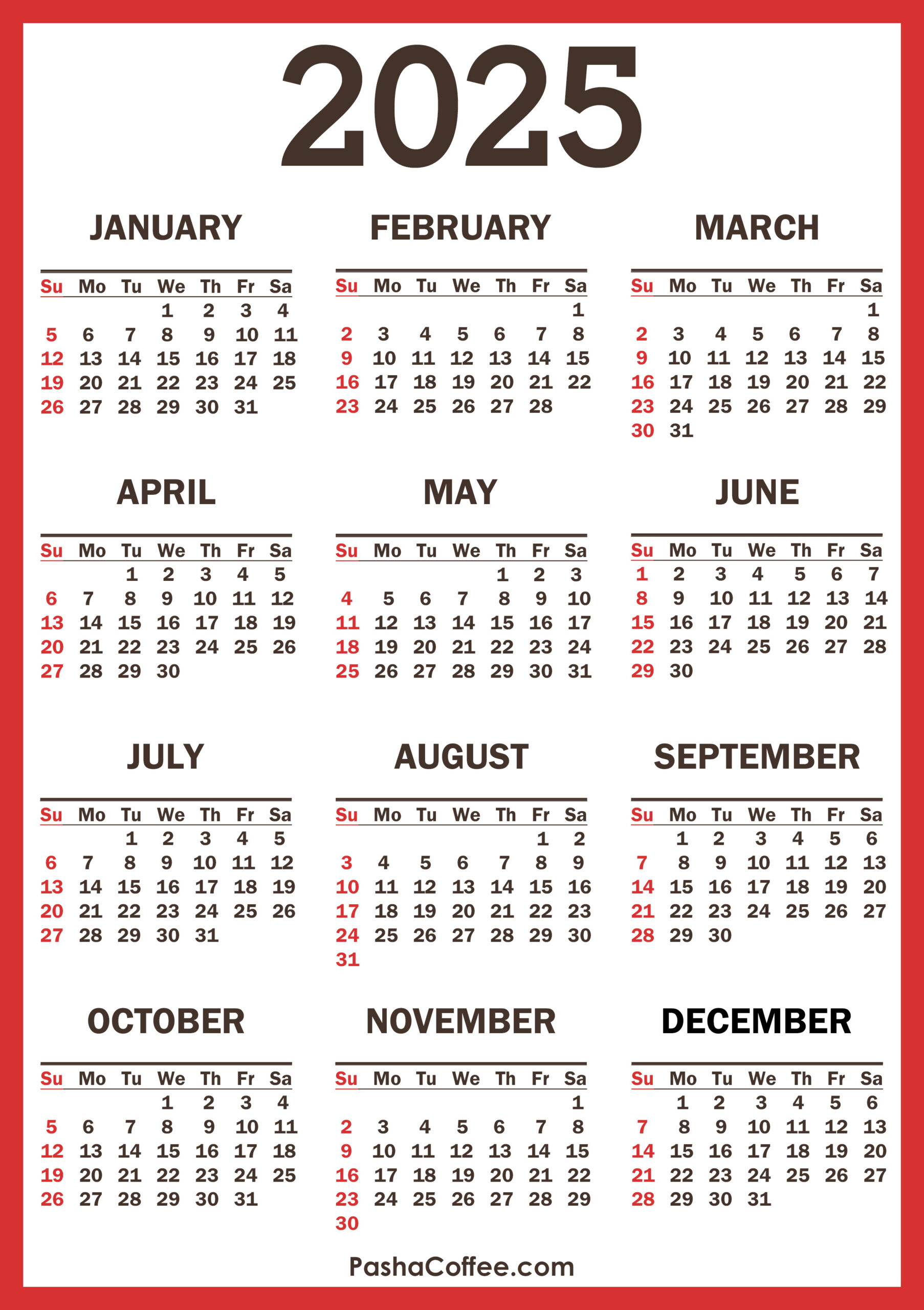 2025 Calendar With Holidays, Printable Free, Vertical, Red intended for Calendar 2025 with Holidays Printable Free Download