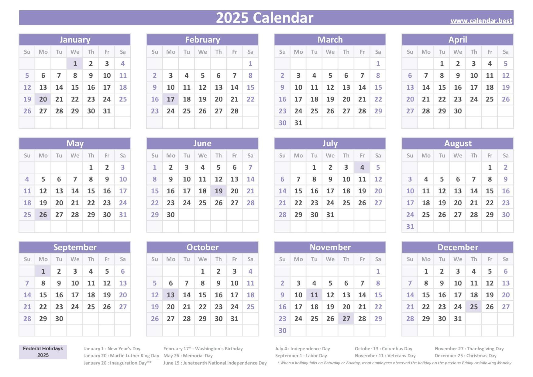 2025 Calendar With Holidays (Us Federal Holidays) for Printable Yearly Calendar 2025 With Holidays