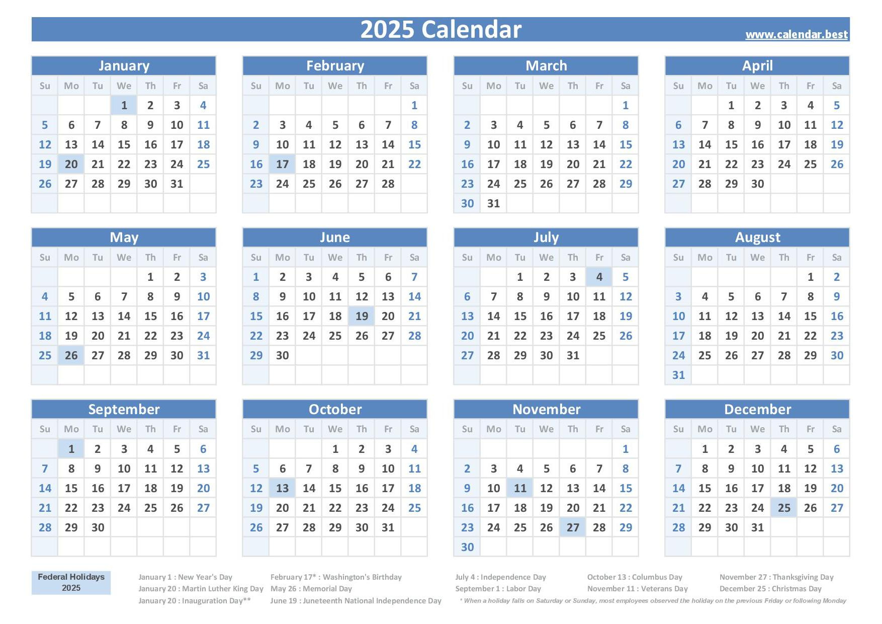 2025 Calendar With Holidays (Us Federal Holidays) in National Day Calendar 2025 Printable Free