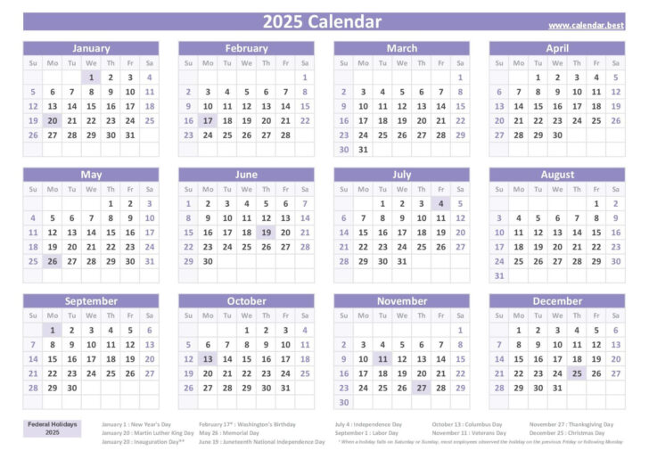 Free 2025 Printable Calendar with Holidays