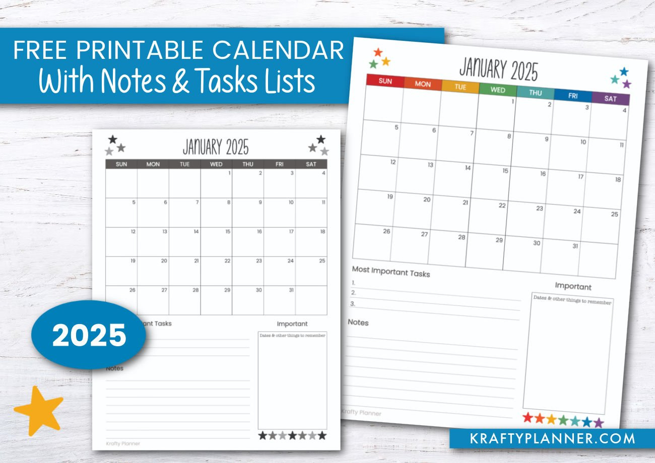 2025 Calendar With Notes And Task Lists — Krafty Planner intended for 2025 Calendar With Notes Printable