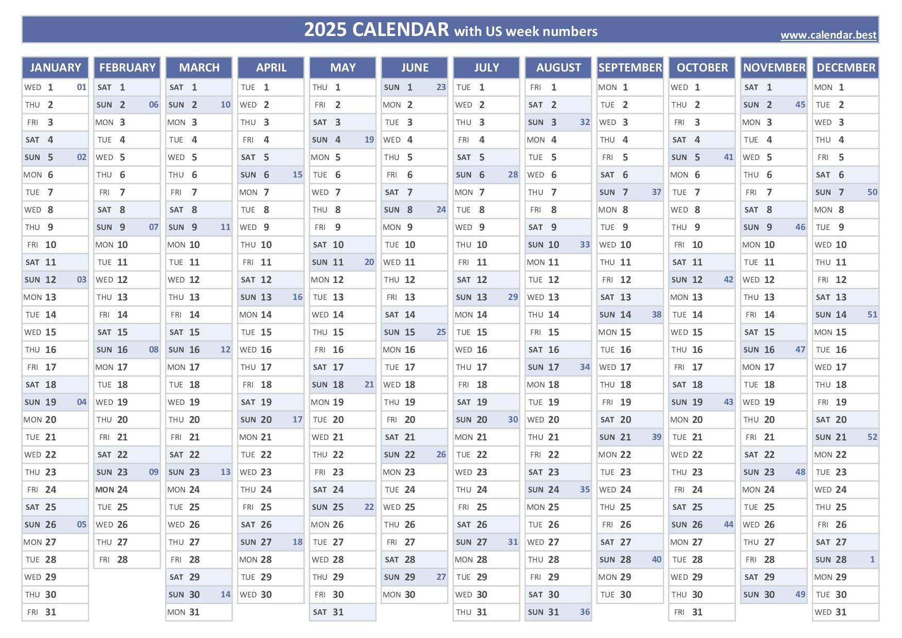 2025 Calendar With Week Numbers (Us And Iso Week Numbers) in 2025 Calendar with Week Numbers Printable