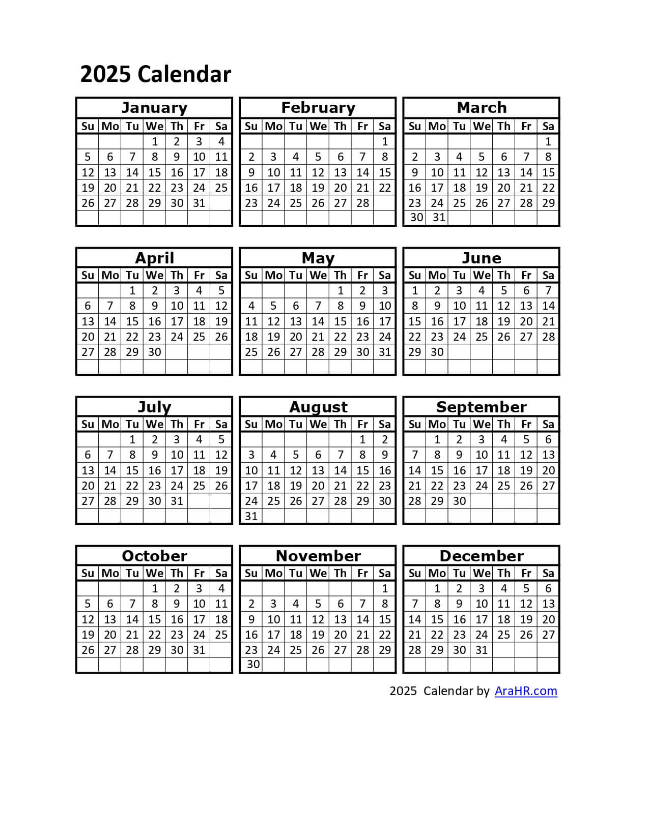 2025 Calendar - Yearly - Monthly - Free - Printable - Template intended for 2025 Printable Attendance Calendar