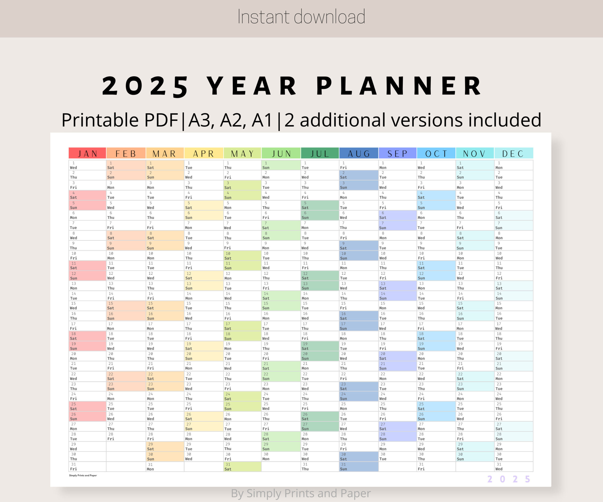 2025 Colorful Wall Calendar Printable Yearly Planner Large Wall for 2025 Wall Calendar Printable