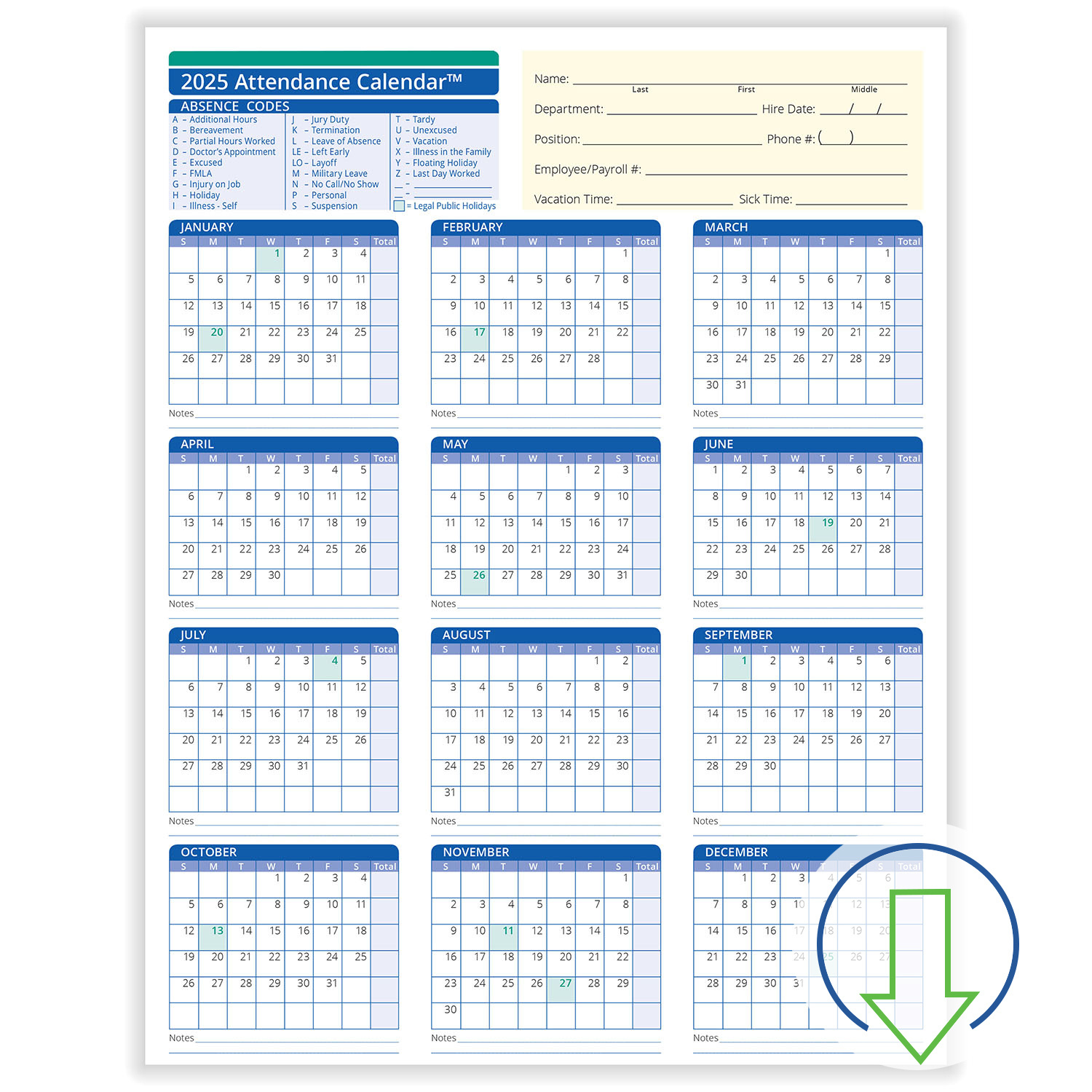 2025 Downloadable Employee Attendance Calendar | Hrdirect regarding 2025 Employee Attendance Calendar Printable Free