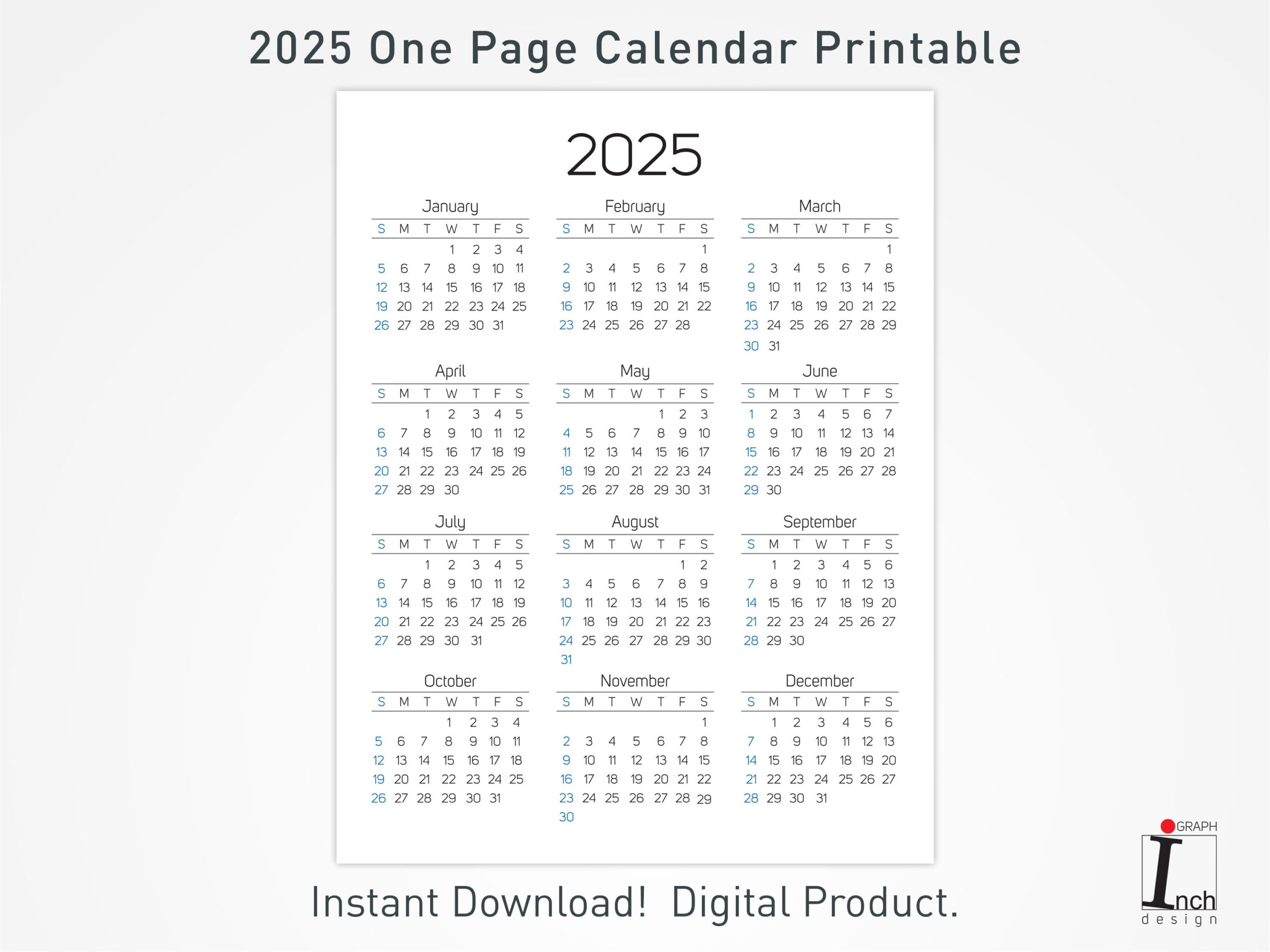 2025 Druckbarer Kalender, 12 Monate Einseitiger Kalender in 2025 Full Page Calendar Printable