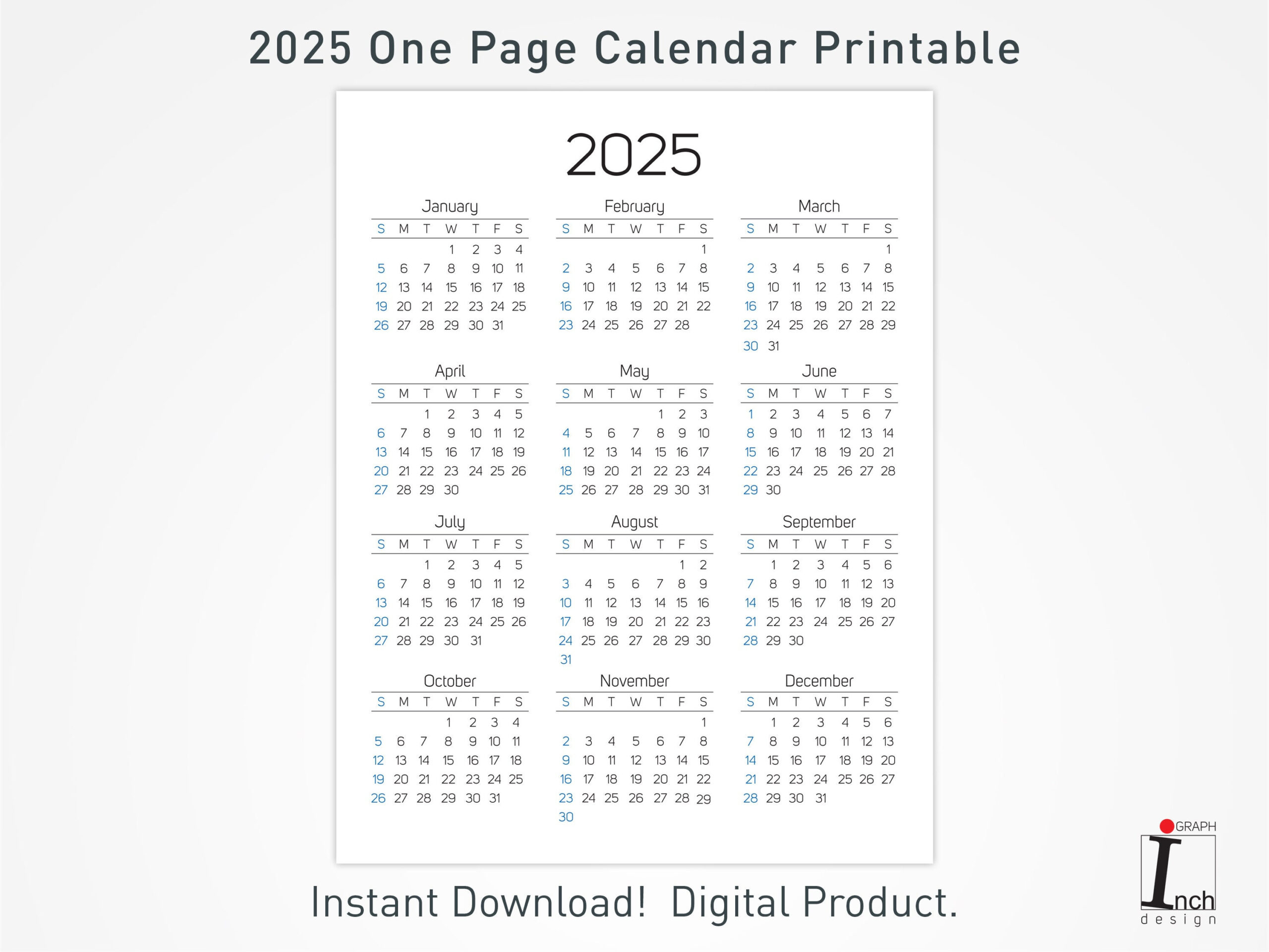 2025 Druckbarer Kalender, 12 Monate Einseitiger Kalender in Full Page Calendar 2025 Printable