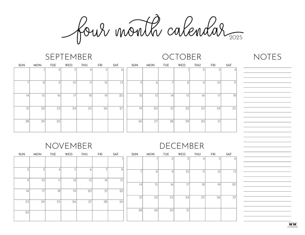 2025 Four Month Calendars - 31 Free Printables | Printabulls in Calendar 2025 Printable by Month