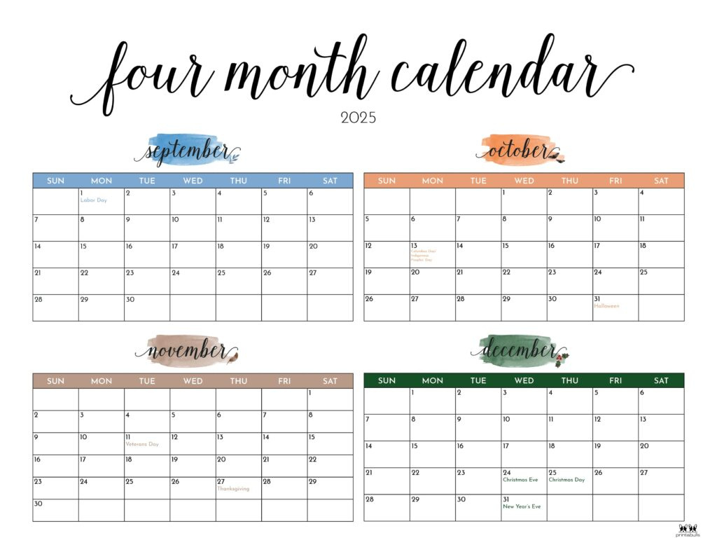 2025 Four Month Calendars - 31 Free Printables | Printabulls in Four Month Printable Calendar 2025