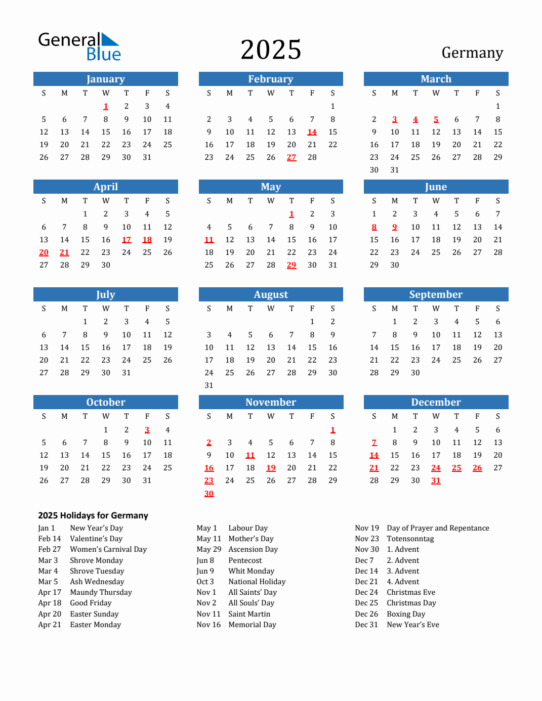 2025 Germany Calendar With Holidays in Printable Calendar 2025 With Holidays