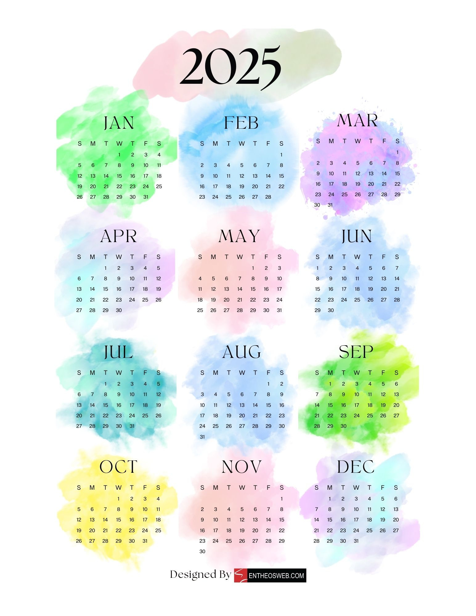 2025 Pdf Calendars – Free Downloads | Entheosweb inside 2025 Colorful Calendar Printable