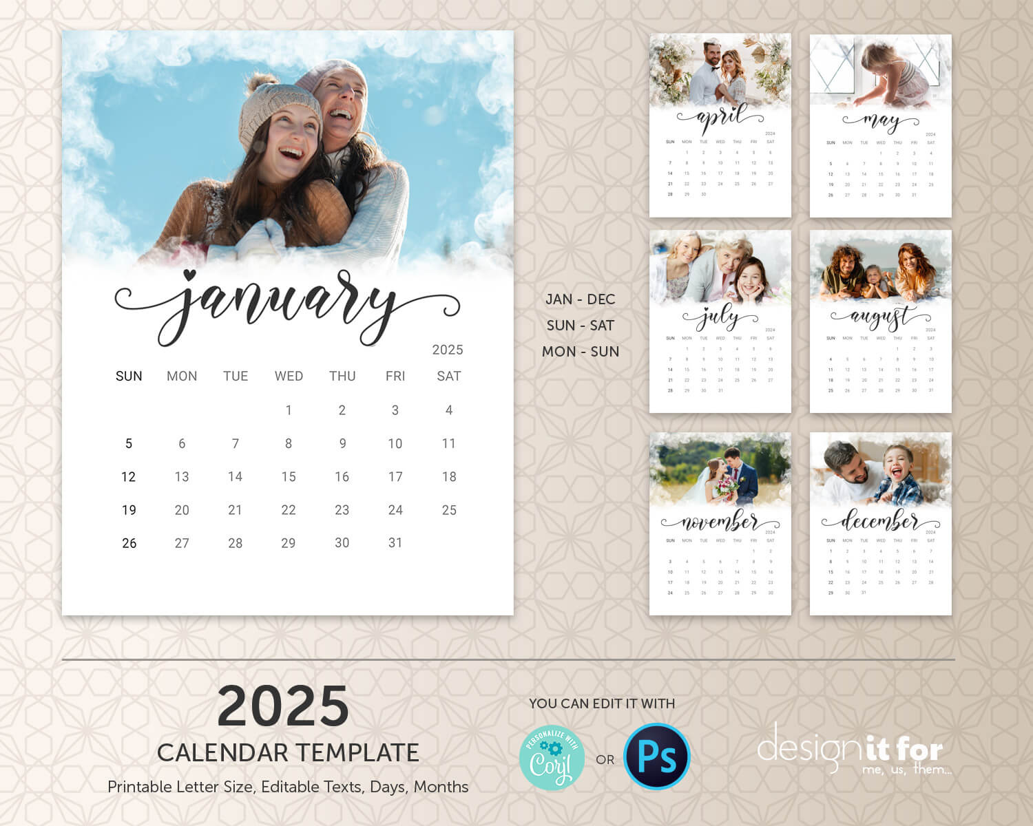 2025 Photo Calendar Template, Printable Calendar, Easy Editable within Edit Printable Calendar 2025