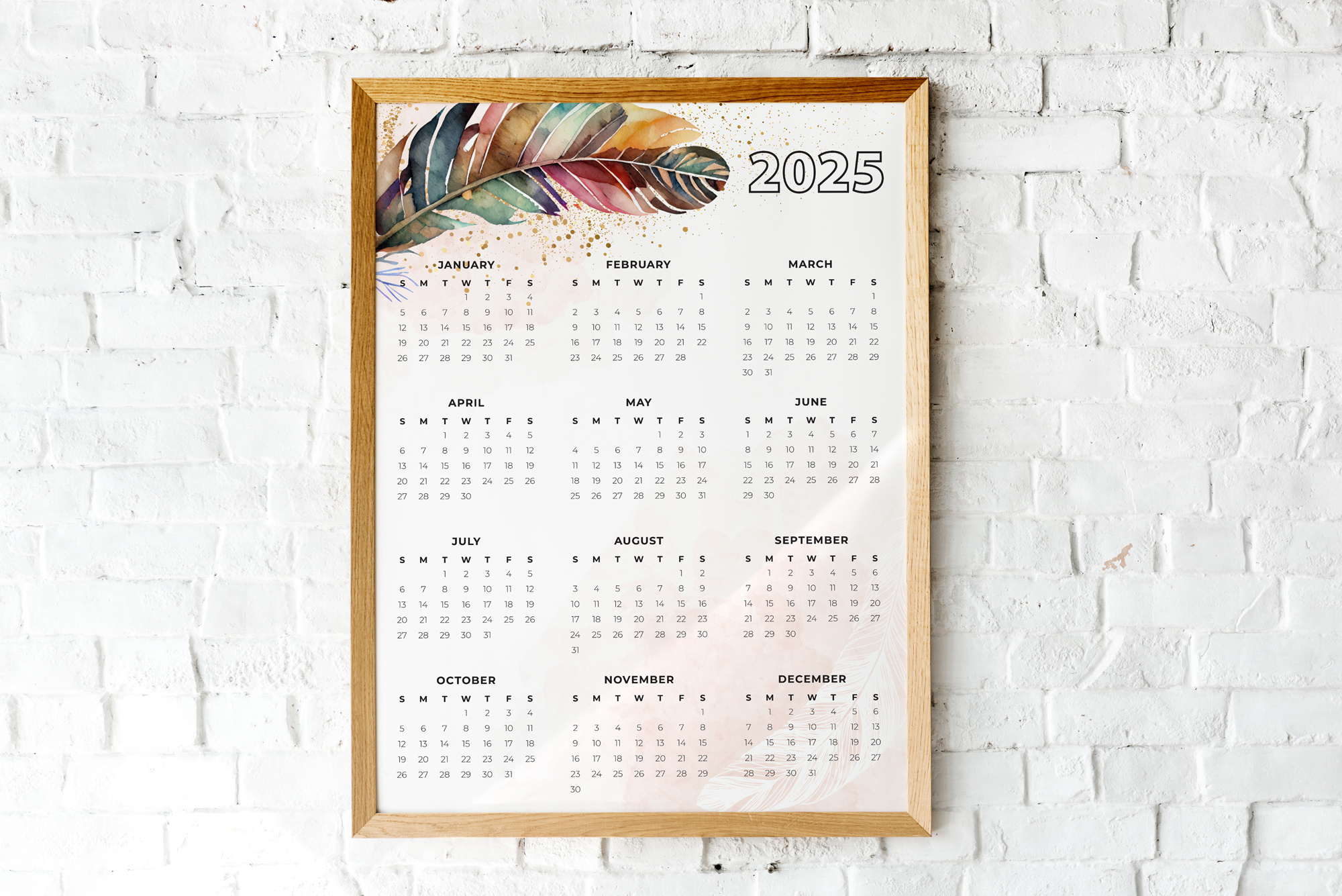 2025 Printable Calendar Year At A Glance | Boho Feather Watercolor | 16 X 20 | 8 X 10 | Instant Download | Portrait | Planner throughout Calendar 2025 16 Printable