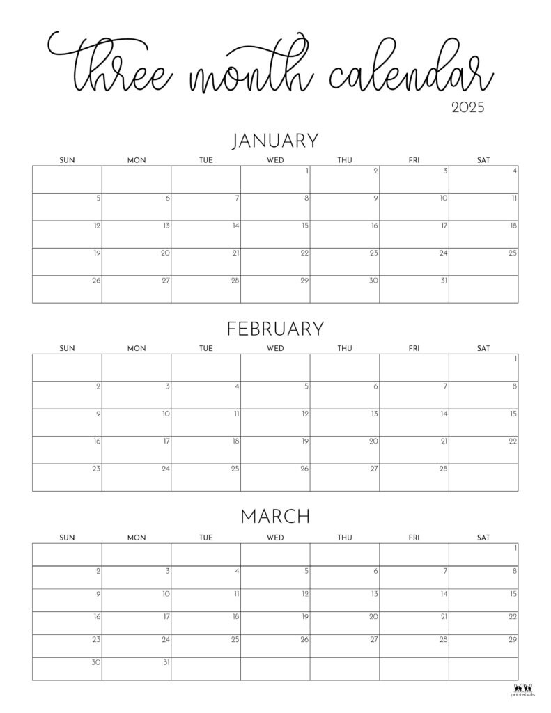 2025 Three Month/Quarterly Calendars - 36 Free Cals | Printabulls with 2025 3 Month Calendar Printable