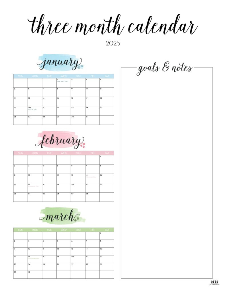 2025 Three Month/Quarterly Calendars - 36 Free Cals | Printabulls with Three Month Calendar 2025 Free Printable