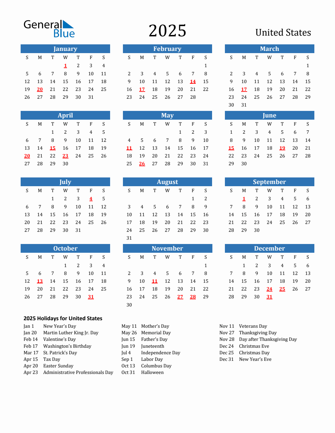 2025 United States Calendar With Holidays for 2025 Government Calendar Printable