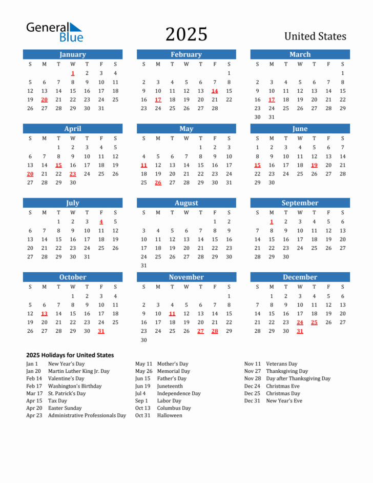 2025 Printable Calendar with Holidays Free Download