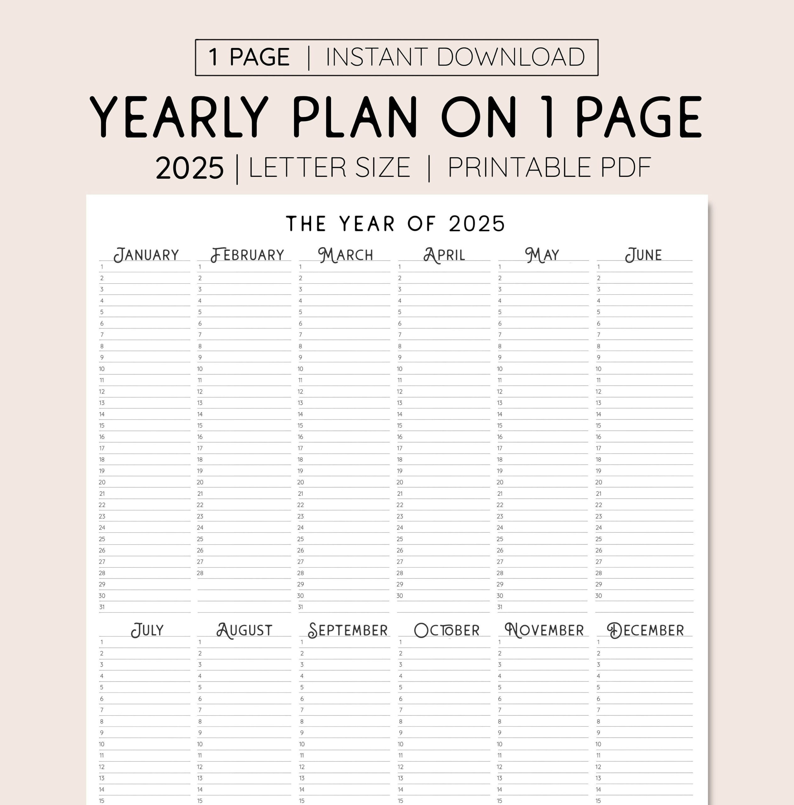 2025 Year At A Glance, Instant Download, Yearly Overview throughout Printable Calendar 2025 and Planner