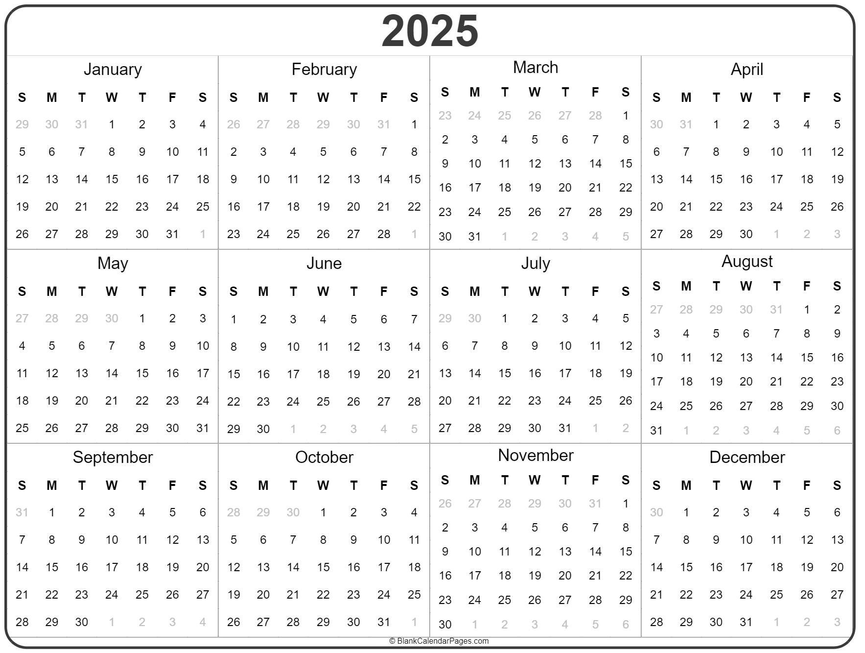 2025 Year Calendar | Yearly Printable for 2025 Annual Calendar Printable