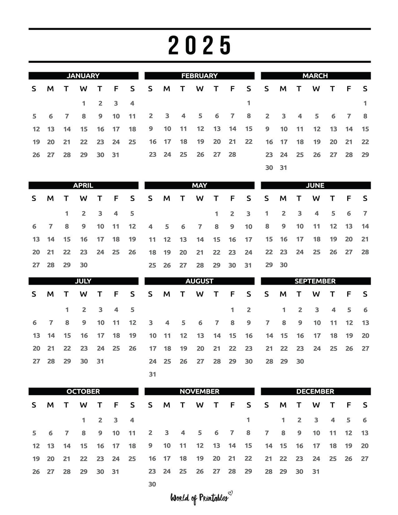 2025 Year Calendars - 70 Best Printables - World Of Printables for 2025 Calendar Black And White Printable