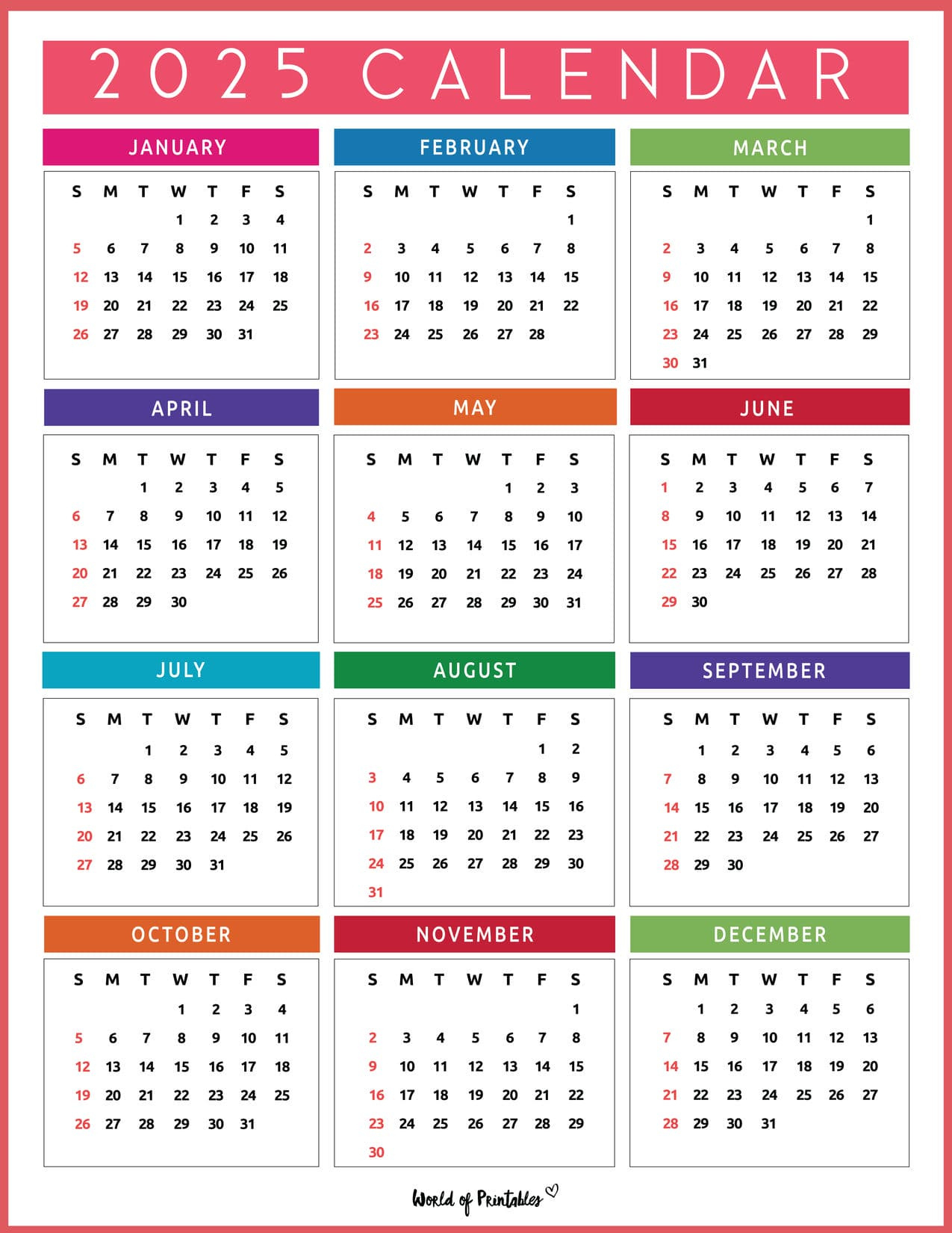 2025 Year Calendars - 70 Best Printables - World Of Printables for 2025 Yearly Printable Calendar