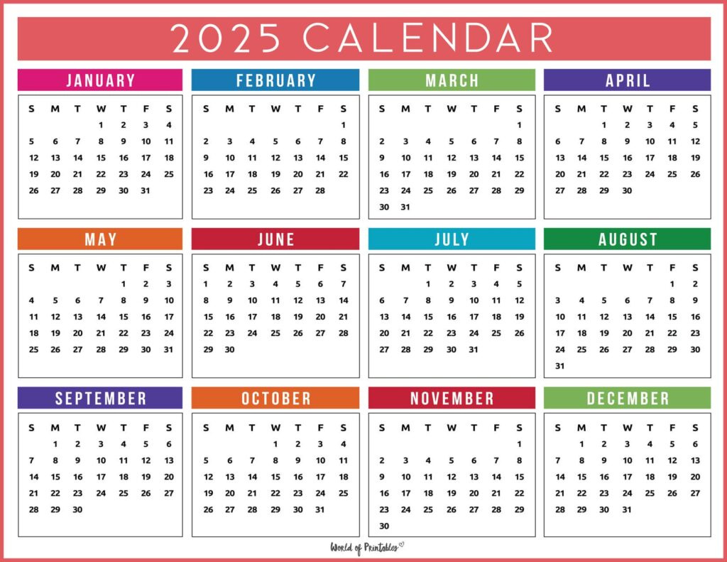 2025 Year Calendars - 70 Best Printables - World Of Printables in 2025 Colorful Calendar Printable