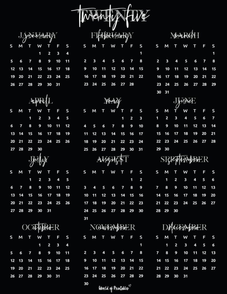 2025 Year Calendars - 70 Best Printables - World Of Printables inside 2025 Calendar Black And White Printable