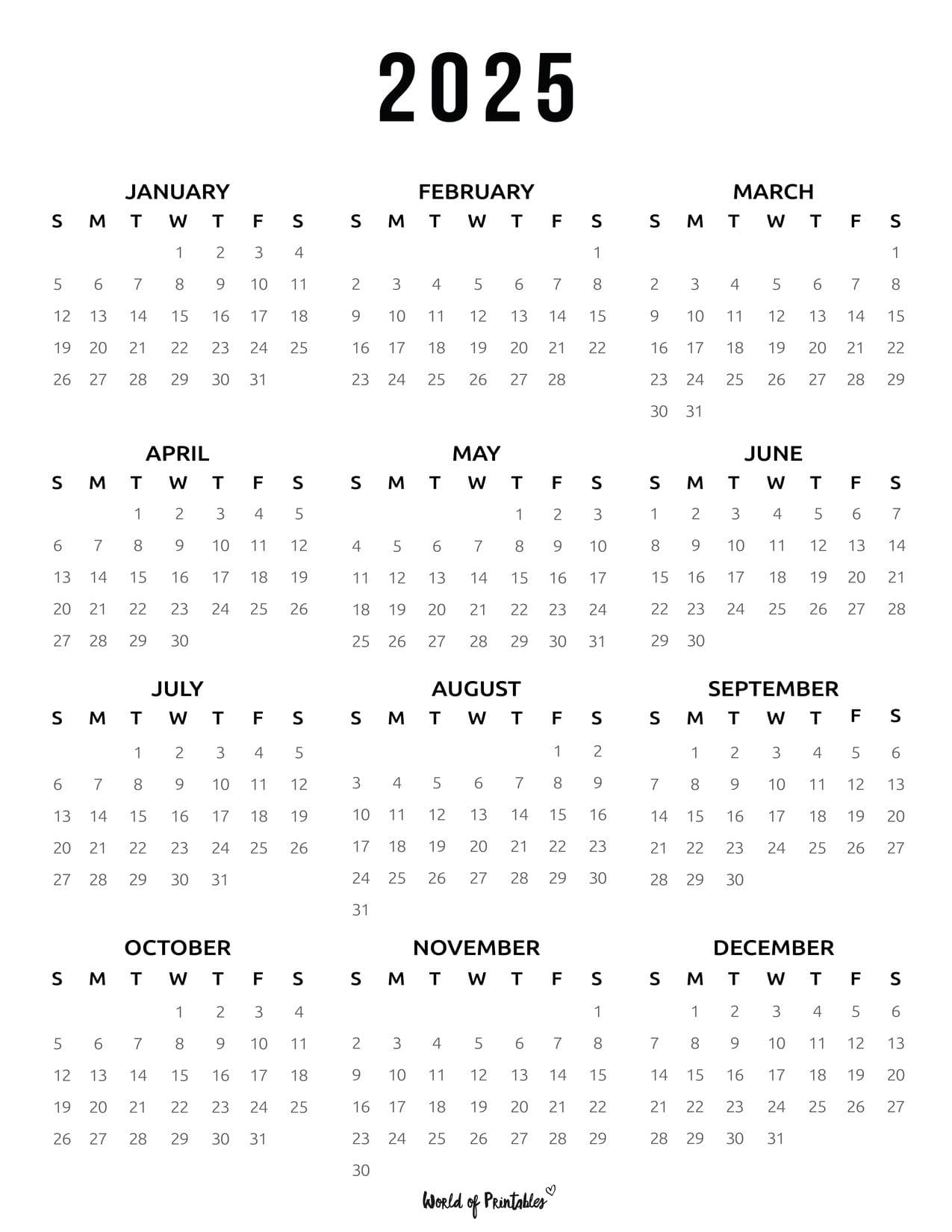 2025 Year Calendars - 70 Best Printables - World Of Printables pertaining to 2025 Calendar Black And White Printable