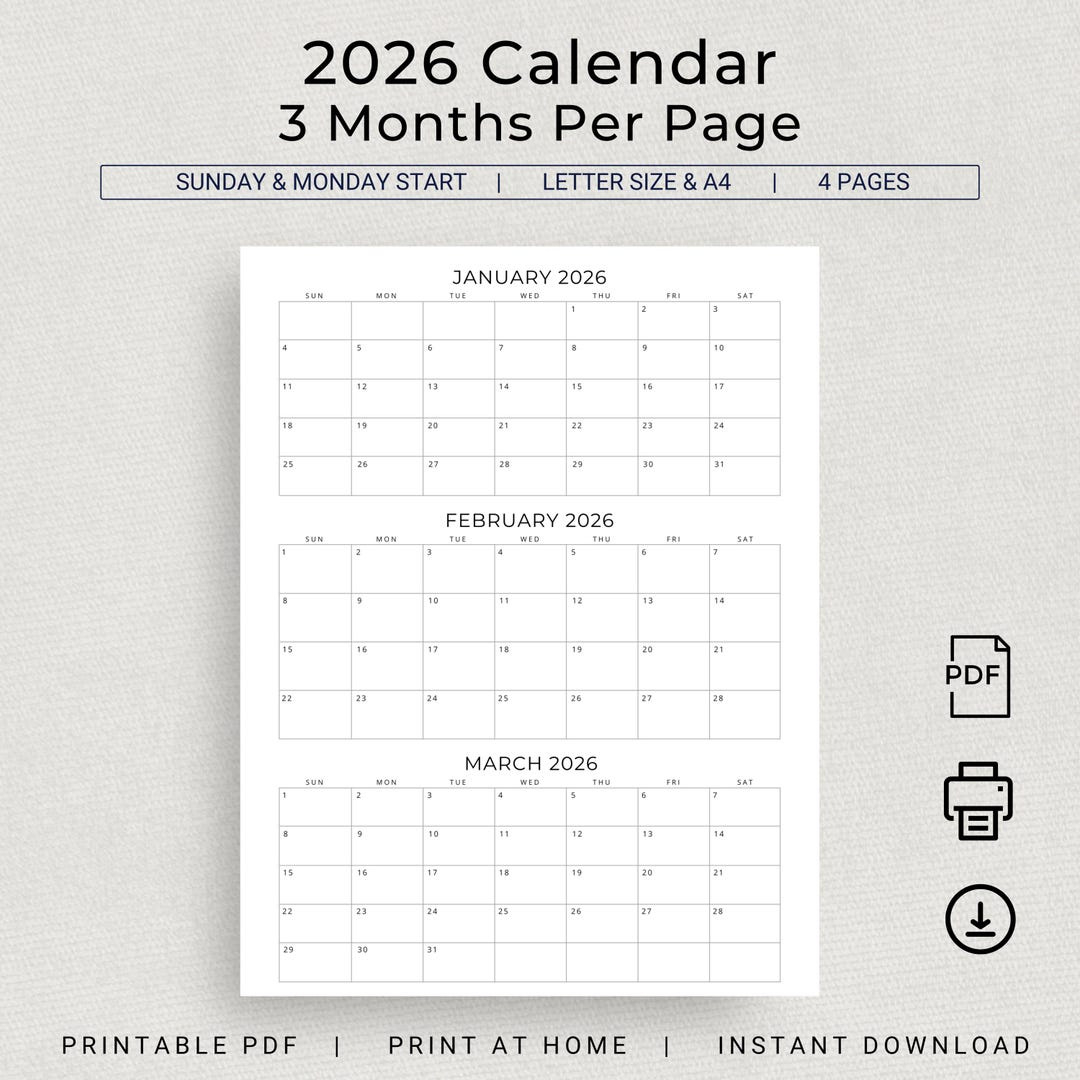 2026 Calendar 2026 3 Months Per Page Calendar Monthly Calendar within 3 Month Calendar Printable 2026