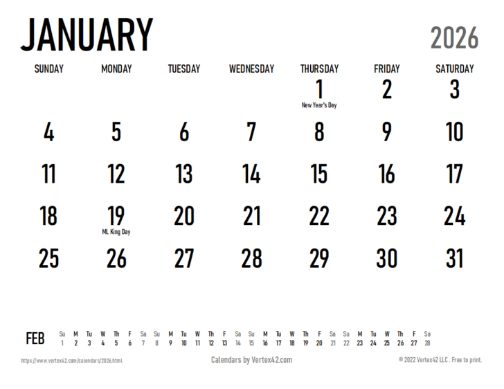 Free Printable Monthly Calendar 2026