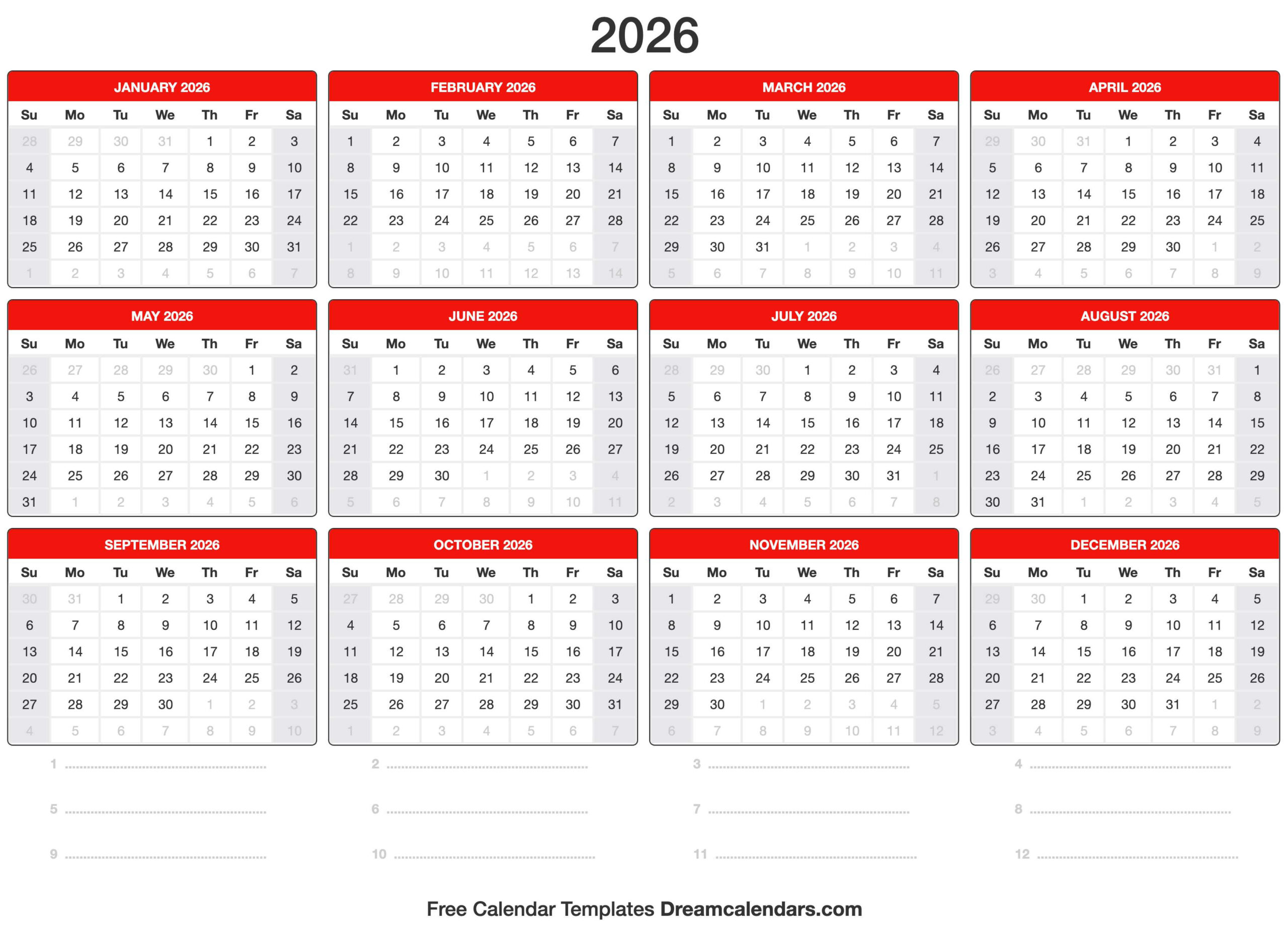 2026 Calendar with 2026 Weekly Calendar Printable