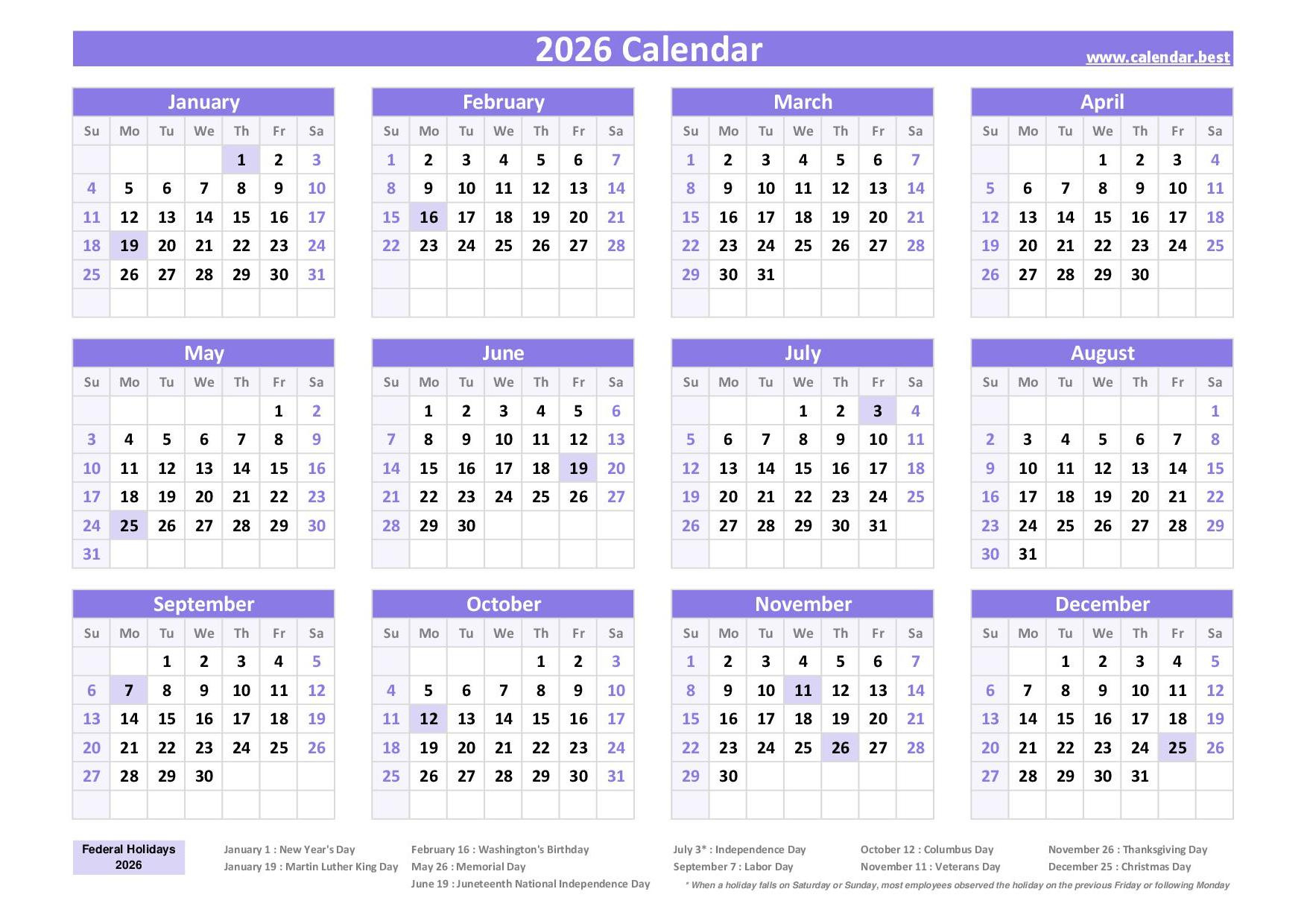 2026 Calendar With Holidays (Us Federal Holidays) throughout Free Printable Calendar 2026 With Holidays