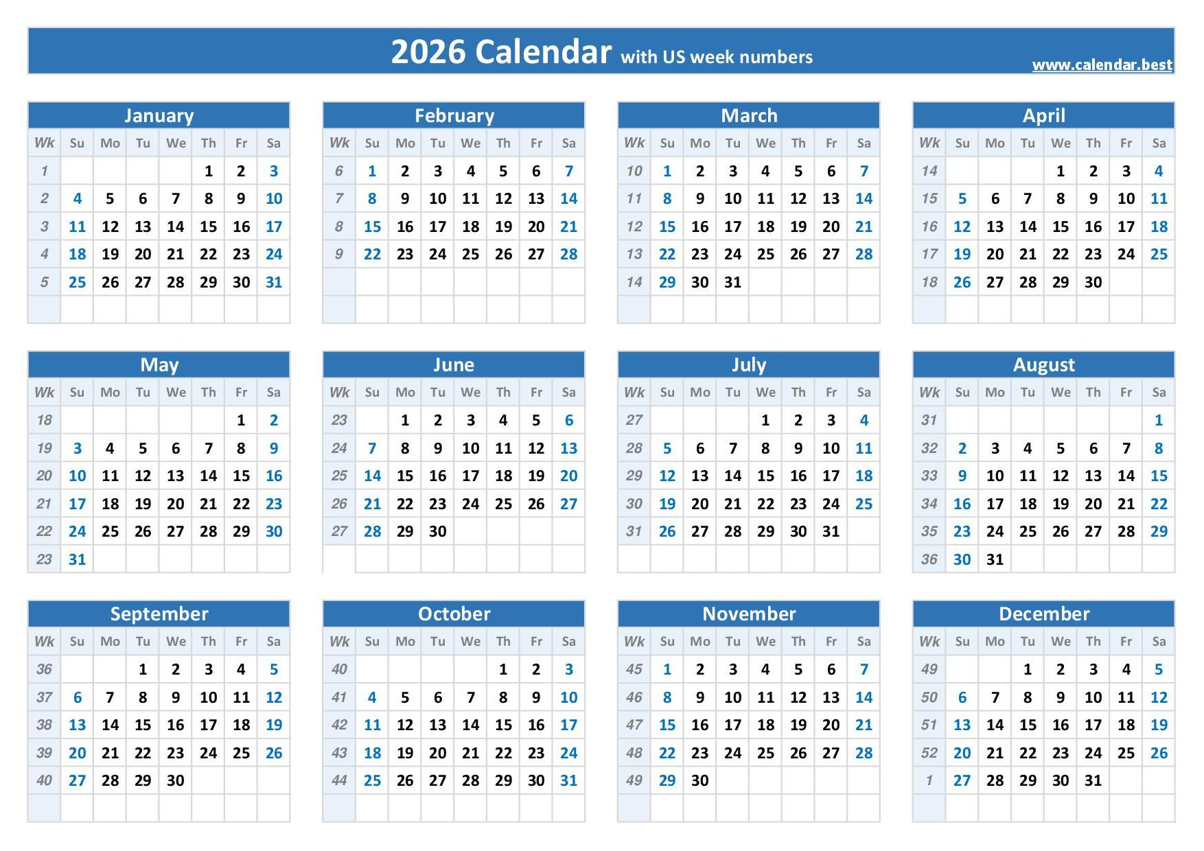 2026 Calendar With Week Numbers intended for 2026 Weekly Calendar Printable