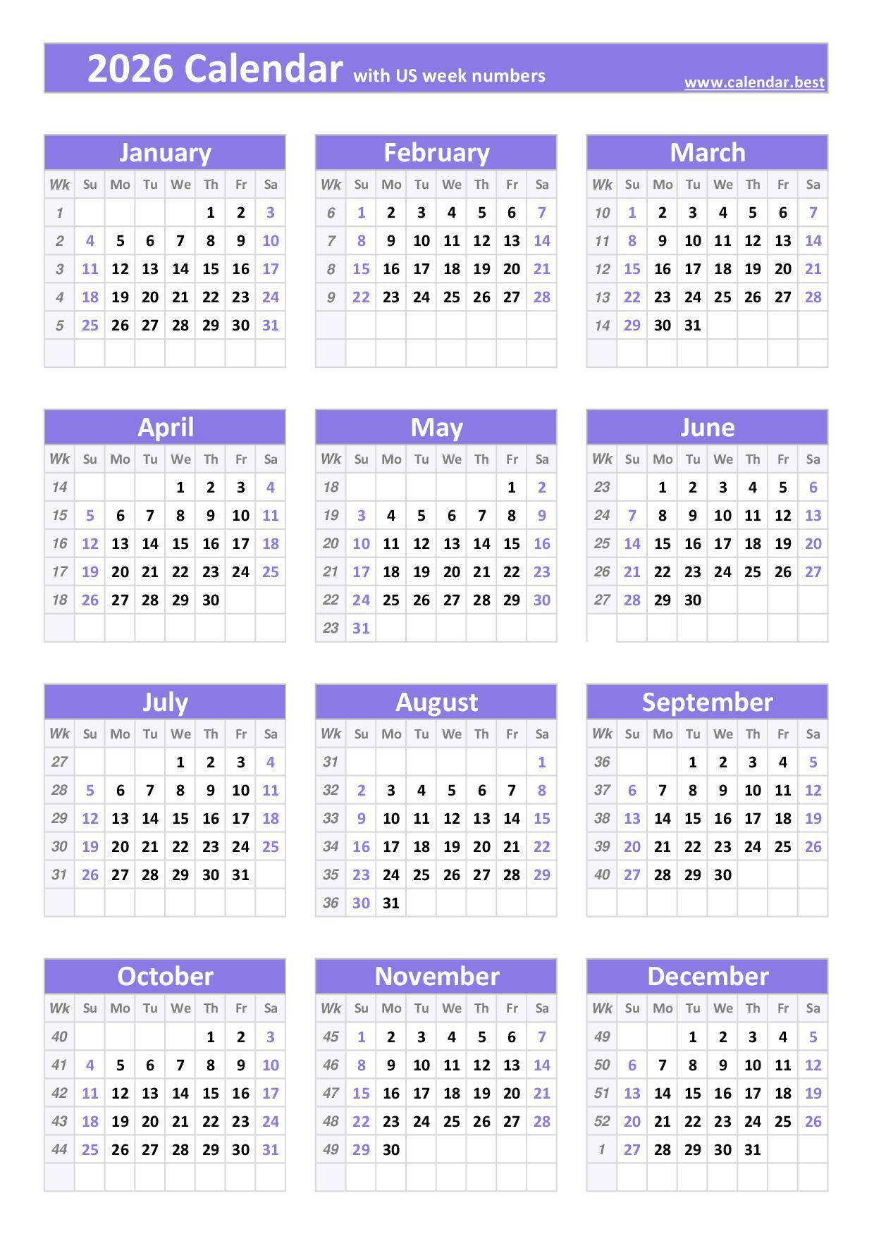 2026 Calendar With Week Numbers (Us And Iso Week Numbers) regarding 2026 Weekly Calendar Printable