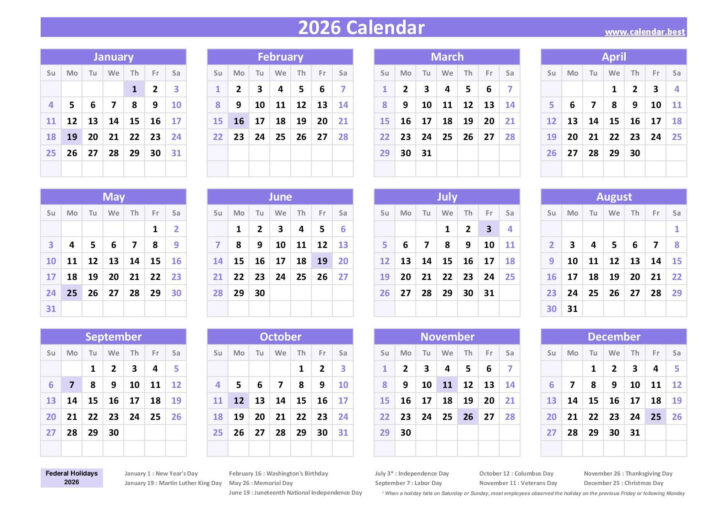 2026 Printable Calendar One Page with Holidays