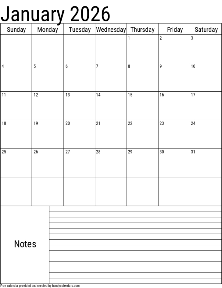 Printable January Calendar 2026