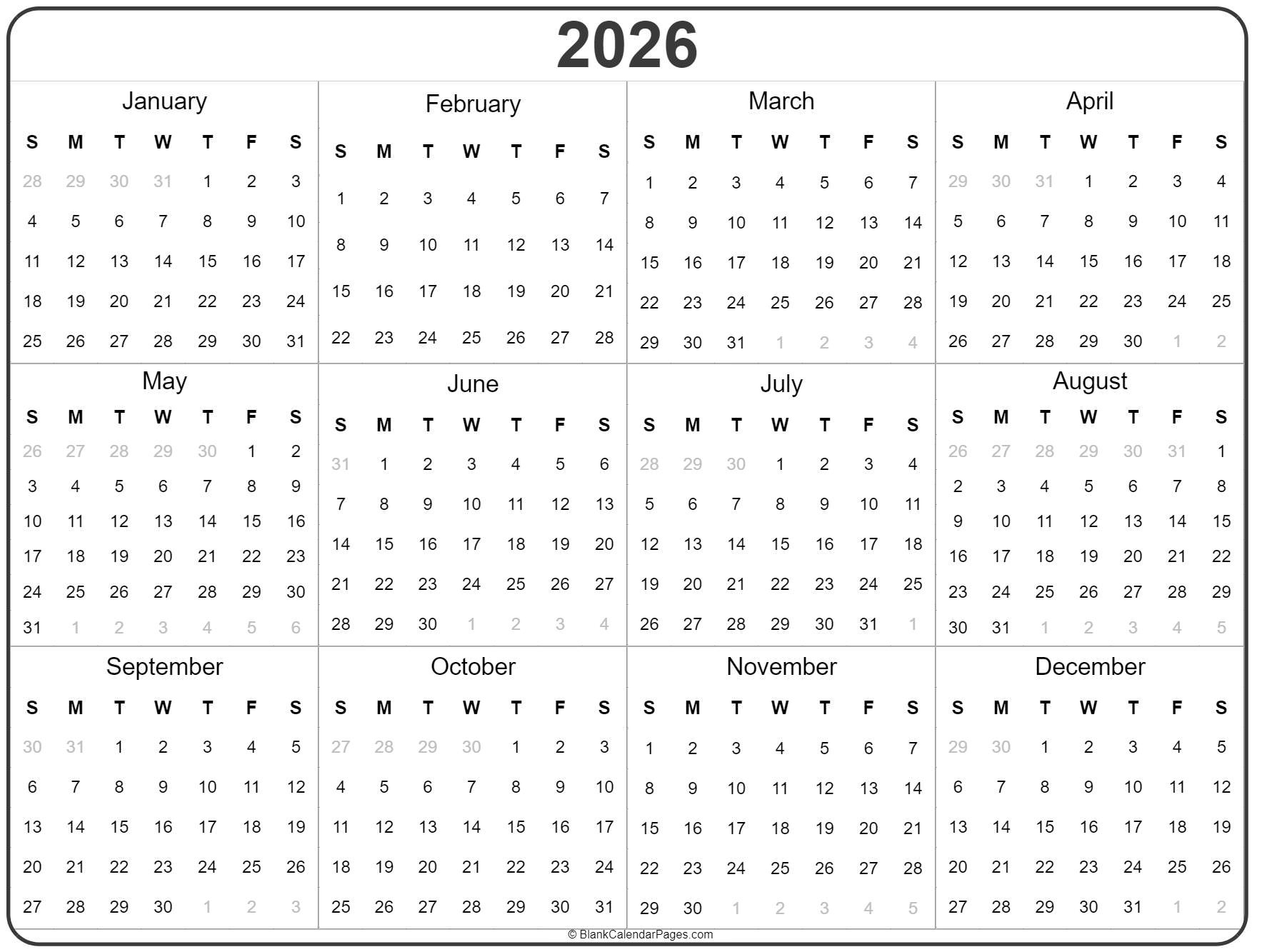 2026 Year Calendar | Yearly Printable in 2026 Calendar Year Printable