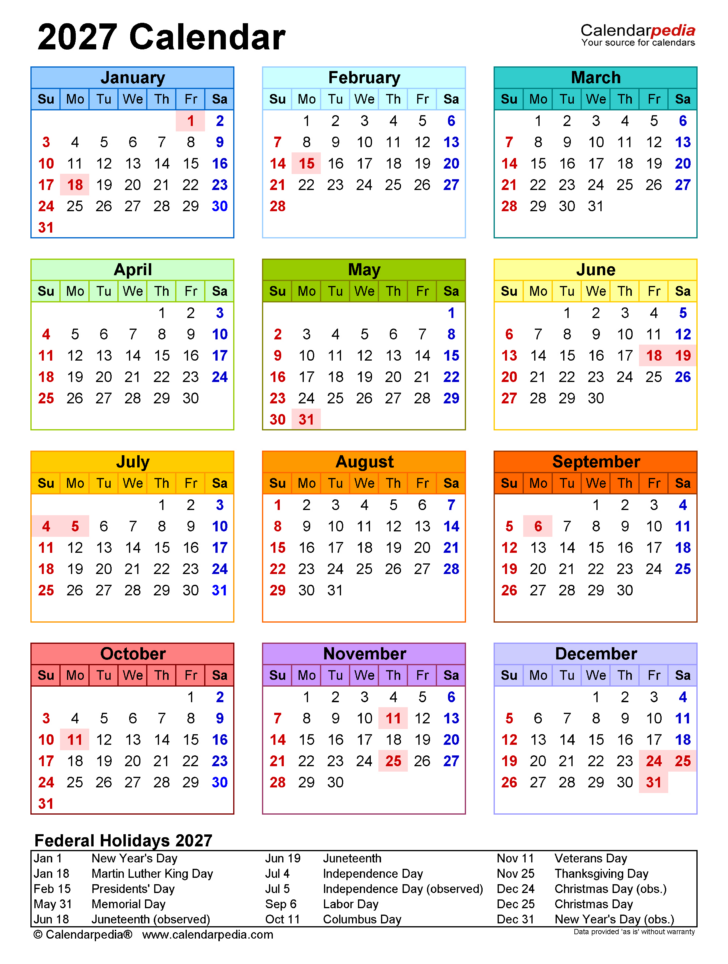 2027 Calendar with Holidays Printable